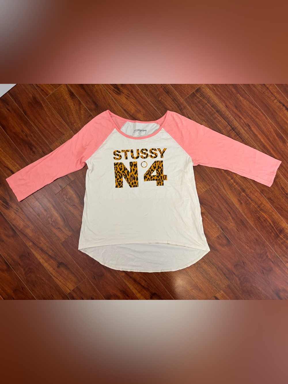 Stussy women’s Size Lg White Raglan Tee with Pink Sleeves and Leopard